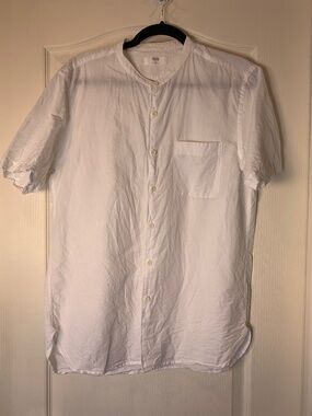 Uniqlo Men's White Linen Cotton Stand Collar Shirt, Short Sleeve, Medium Travel